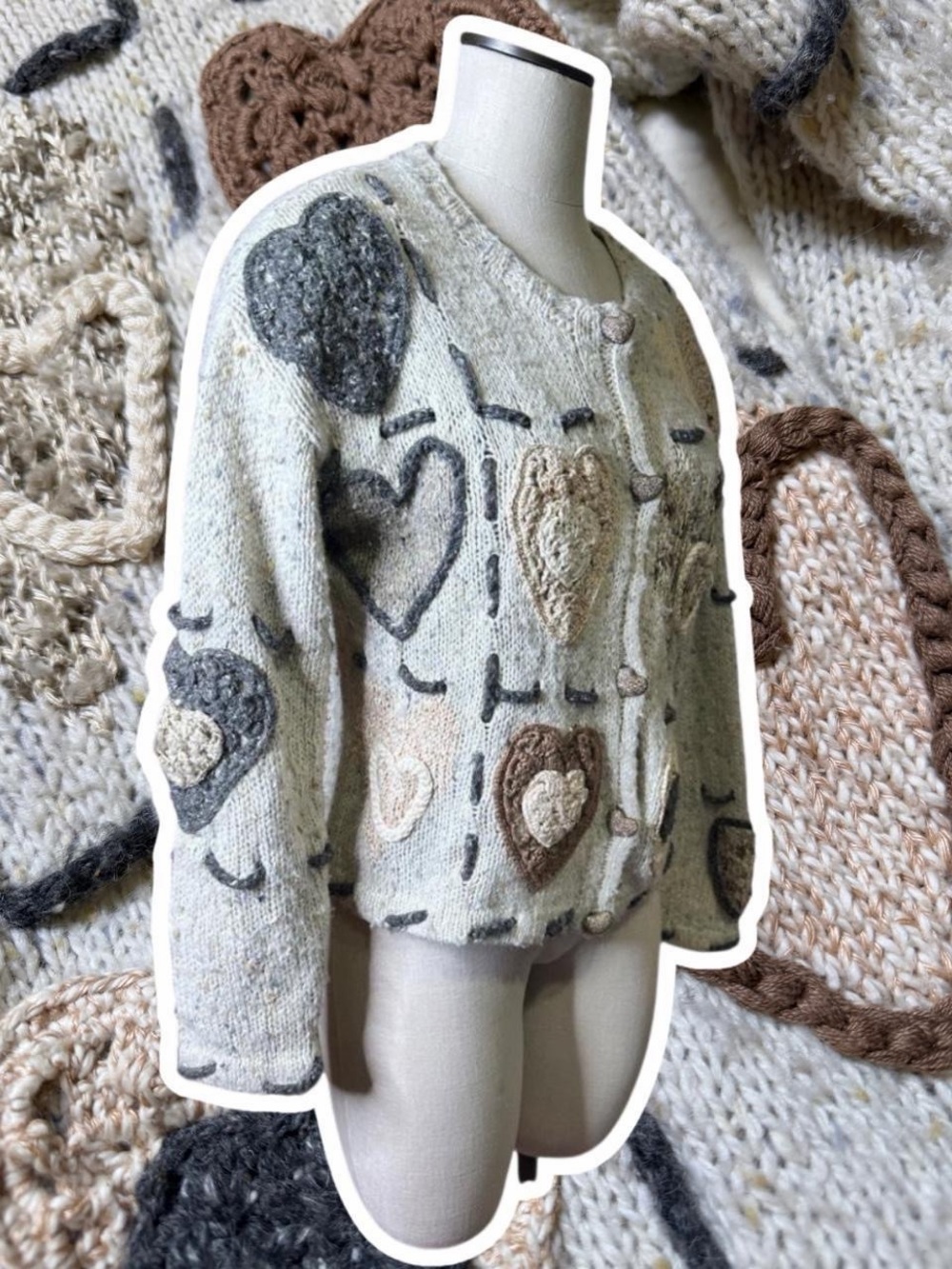 Vintage Express Tricot Heart Hand Knitted Crochet-Accent Oversized Cardigan